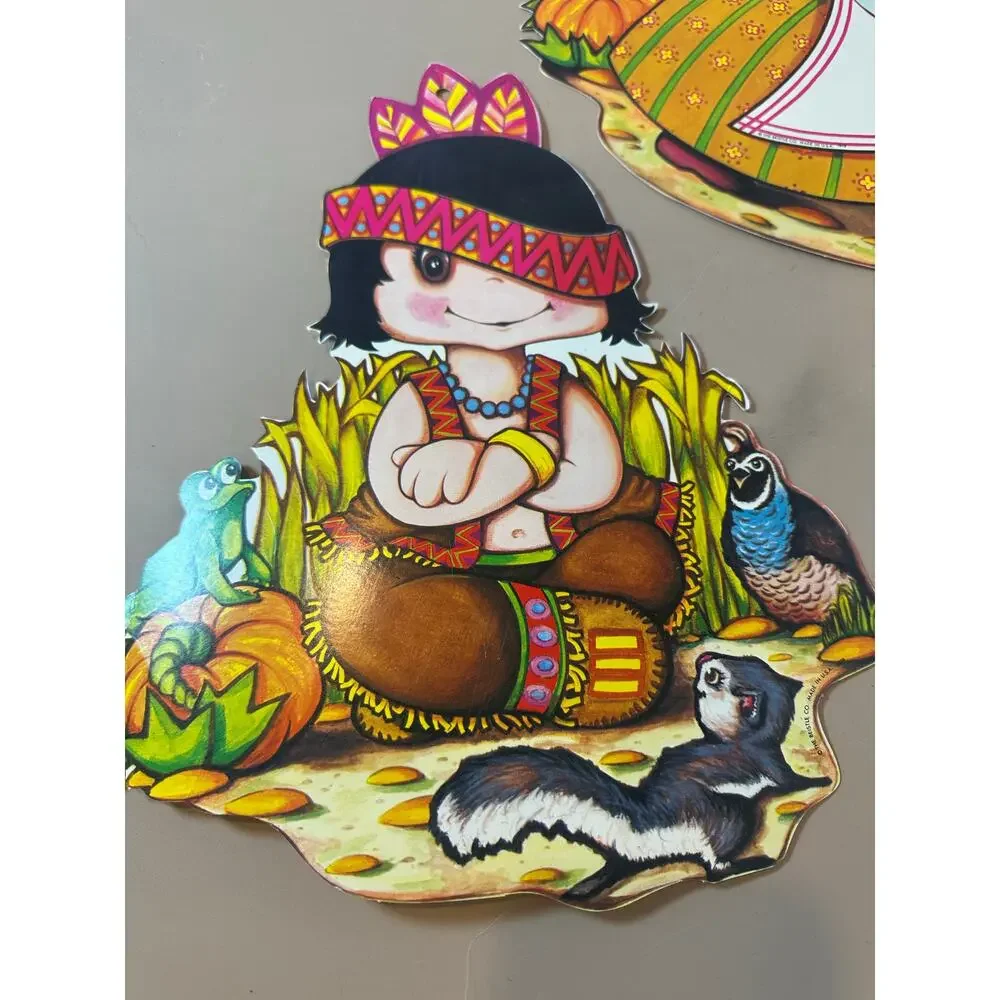 Lot of 3 Thanksgiving Die Cut Window Decorations Pilgrim Indian Beistle 1978